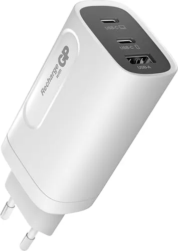 GP USB-Ladegerät Batteries GaN 65W, 3 Port - Akku-Ladegerät mit 65W Leistung, ideal für schnelles Laden von bis zu 3 Geräten gleichzeitig. Perfekt für Reisen, inkl. 2m USB-C Kabel und Adapter für EU, US, UK.