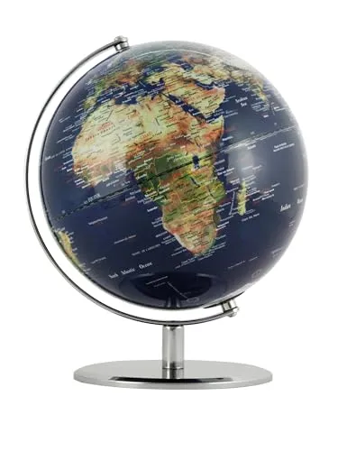 Globus mit 25 cm Durchmesser – PLANET – verchromter Metallfuß, topografische Karte – bewegliche Achse – blau, grün – TROIKA Original