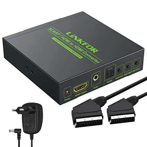 LiNKFOR Scart zu HDMI 720p/1080p Konverter mit 3,5 mm Kopfhörer und SPDIF-Stereo-Audio NTSC und PAL kompatibel für HDTV STB PS3 PS4 Sky Blu-Ray DVD mit Adapter