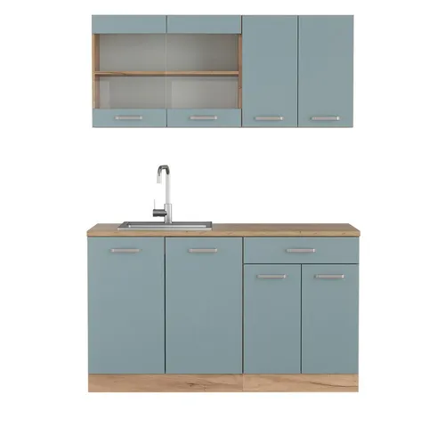 Vicco Küchenzeile R-Line Solid Eiche Blau Grau 140 cm - Moderne Küchenzeile für kleine Wohnungen, modular aufstellbar und raumsparend, ideal für effizientes Kochen und stilvolles Wohnen.