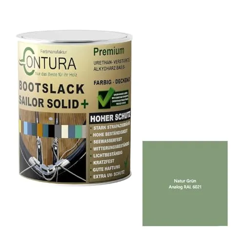 Contura Bootslack Farbig SEIDENMATT Yacht- Buntlack Metall Holz GFK Holzlack Boot Farblos (Natur Grün - RAL 6021 Analog, 500ml.)