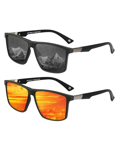 JIM HALO Retro Polarisierte Sonnenbrille für Herren Damen Quadratische UV400 Schutz Klassische Sonnenbrillen für Fahren Angeln 2 Packs (Schwarz&Orange)