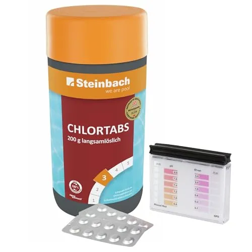 Steinbach Poolpflege Test-Set: Chlortabs 200 g & Testkit - Chlor für Pools: Langsamlösliche Chlortabletten für kontinuierliche Desinfektion, pH-neutral und ideal gegen Algen und Viren. Inklusive Testkit für optimale Wasserqualität.
