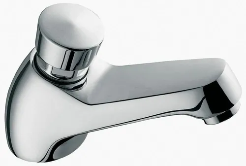 Kaltwasserarmatur Standventil Wasserhahn für Bad und Gäste-WC - Praktische selbstschließende Armatur für Waschbecken, ideal für Badezimmer und Gäste-WC. Mit elegantem gebogenem Design aus verchromtem Messing. Einhandmischer für einfache Bedienung.