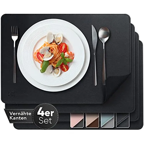 Loco Bird Tischsets 4er Set aus PU-Leder - Platzsets Abwaschbar - 43x30cm Tischdeckchen - Tischset beidseitig Schwarz, Platzset Lederoptik, abwaschbare Tischset Kunstleder, Platzdeckchen Abwaschbar