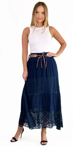 Mississhop Langer Baumwollrock mit Spitze & Gürtel 3094 Dunkelblau - Damen Röcke – Maxirock aus 100% Baumwolle mit romantischen Spitzeneinsätzen und elastischem Bund für optimalen Tragekomfort.