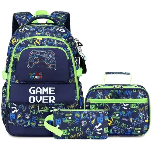 Makukke Schulrucksack Set für Teenager Jungen – Gamer Rucksack mit Brotdose und Federmäppchen