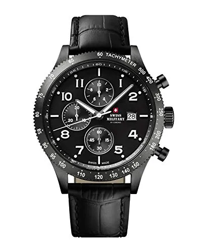 Swiss Military by Chrono Herren Uhr Chronograph Quarzuhrwerk mit Lederarmband Analoge Herrenuhr Armbanduhr Schwarz SM34084.07