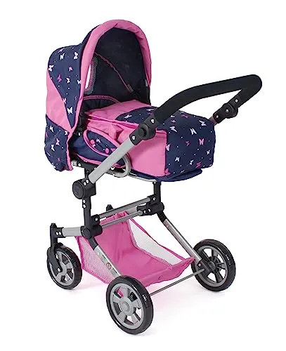 Bayer Chic 2000® 3in1 Kombi Puppenwagen Jara – Butterfly Navy Pink - Puppenwagen mit 3-in-1-Funktion: Puppenwagen, Sportwagen und Tragetasche. Höhenverstellbarer Griff (47-78 cm) für Kinder von 4-8 Jahren. Ideal für kreatives Spielen!