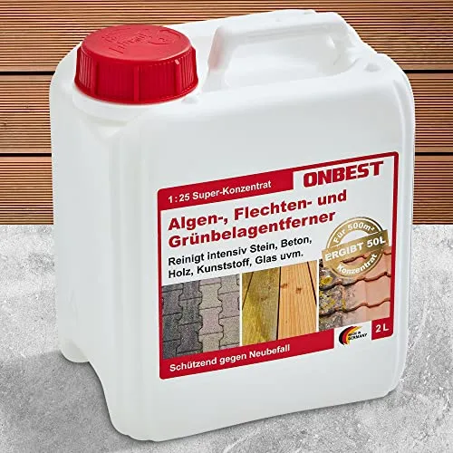 ONBEST 2 Liter Grünbelagentferner 1:25 Konzentrat I Extrem stark zum Entfernen von Grünbelag und Algen auf Fassade, Stein, Holz, Dachziegel, Terrasse, Markise, Pflasterstein | Made in Germany