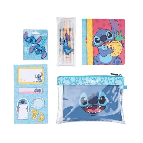 Grupo Erik Schreibwaren Disney Stitch -3 A6 Notuzbücher - Federmäppchen Groß - Büroklammern - 4 Textmarker - Notizzettel Klebend Disney Fanartikel