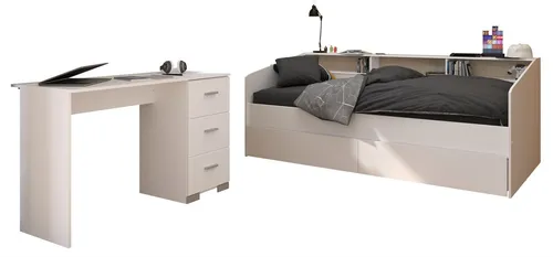 58aufmkessel Kinderzimmer-Set, Weiß/Eiche, 100x1x200 cm - Vielseitiges Kinderzimmer-Set mit Stauraumbett und Schreibtisch. Praktische Ablagefächer bieten zusätzlichen Stauraum. Ideal für kreative und ordentliche Kinderzimmergestaltung.