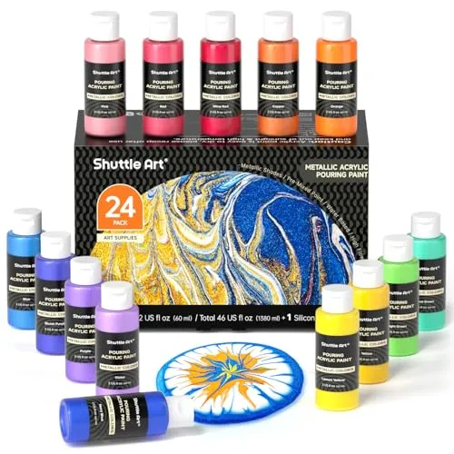 Shuttle Art Metallic Pouring Acrylfarben Set, 24 Stück Acrylic Pouring Farben in Flaschen (je 60m/2oz) mit Silikonöl, vorgemischtes Acryl Farben Pouring für Leinwand Holz Stein Papier, Künstlerbedarf