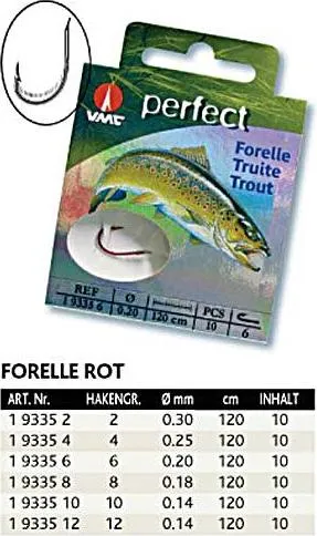 VMC 9335 Trout Red 120 cm Nylon 0,18 mm 10 Stück - Gr. 8 in rot von VMC