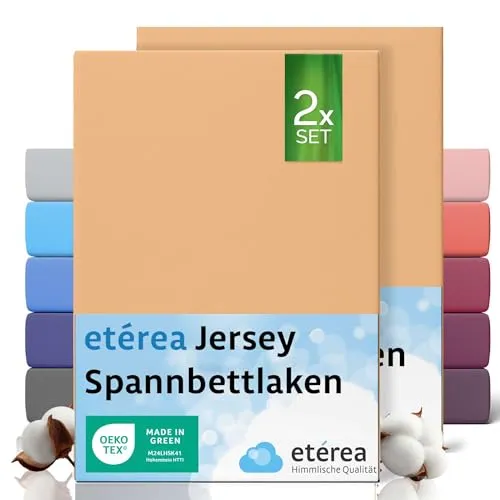 etérea Jersey 2er Set Spannbettlaken 180x200cm - 200x200cm Sand bis 25 cm Höhe - 100% Baumwolle Spannbetttuch Oekotex - Doppelpack Bettlaken 180x200 cm - 200x200 cm - Beige