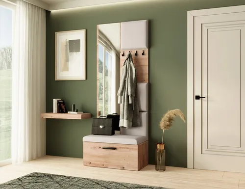 Garderobe MARGARET III, Artisan + Hellbeige - Moderne Garderobe mit gepolsterten Paneelen, Spiegel und Kleiderhaken für optimalen Komfort und Stil im Flur. Der verschließbare Schuhschrank sorgt für Ordnung und diskrete Aufbewahrung.