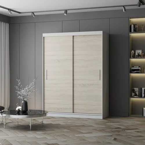 Schwebetürenschrank Vista 04 - 150 cm in Weiß/Sonoma Eiche - Schwebetürenschrank ohne Spiegel, elegant und funktional. Mit geräumigen Einlegeböden und stabiler Kleiderstange für optimale Organisation im Schlafzimmer.