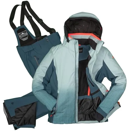 Killtec Damen Skianzug Größe 46 - 2-teilig in hellblau petrol - Funktioneller Damen Skianzug von Killtec, bestehend aus Skijacke und Skihose. Wasserdicht und atmungsaktiv mit 10.000 mm Wassersäule, ideal für den Wintersport. Ausstattungen wie Schneefang und verstellbarer Bund sorgen für optimalen Komfort.