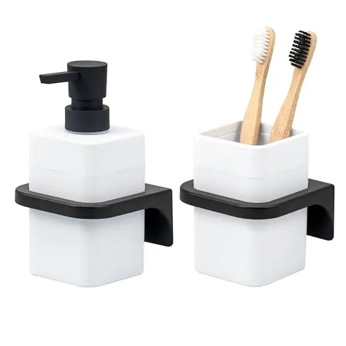 bremermann Badezimmer-Set Savona mit Soft-Touch Oberfläche - Praktisches 2-teiliges Bad-Accessoires Set mit Seifenspender und Zahnputzbecher. Inklusive Wandhalterung für mehr Platz und einfache Reinigung. Modernes Design in Weiß, ideal für stilvolle Bäder.