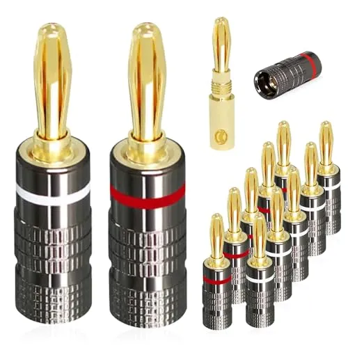 mizikuu 12 Stück Bananenstecker, 24k Vergoldet Banana Steckverbinder Schraubbar für Lautsprecherkabel Audio Lautsprecher Terminal löt HiFi Receiver Verstärker, 6 Rot Und 6 Weiß