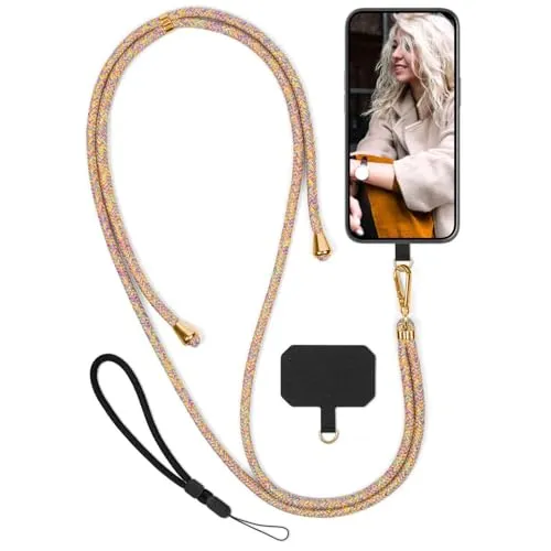 moex Unleash für Telekom T Phone 2 Pro Handyband zum Umhängen ohne Hülle, Handykette Universal mit Karabiner, Handy Band abnehmbar, Kette mit Pad für Handyhülle, Bunt, Gold