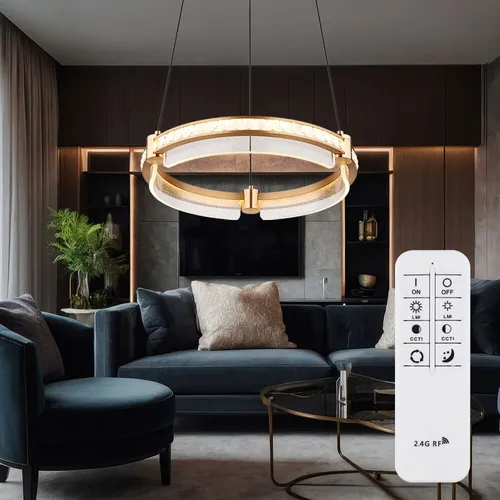 Hängeleuchte Pendellampe - Luxuriöse Esszimmerleuchte mit Fernbedienung - Lampen, elegante Hängeleuchte aus goldfarbenem Aluminium und K5 Kristallen, dimmbar mit Memoryfunktion für individuelle Lichtgestaltung (2700-6000K)