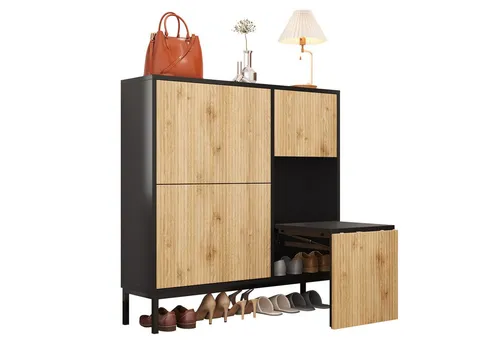 MODFU Schuhschrank Design mit großer Kapazität (Schuhregal, Schuhkommode, 1-St., Schuhregal mit drei Klappen) mit Schuhwechselhocker, offenem Stauraum