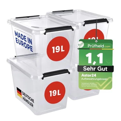 astor24 Aufbewahrungsbox mit Deckel - 4x 19 L - Transparent - Aufbewahrungsbehälter mit Deckel, lebensmittelecht und stapelbar. Ideal für Ordnung in Haushalt, Büro oder Werkstatt. Extra starker Boden für schwere Gegenstände.