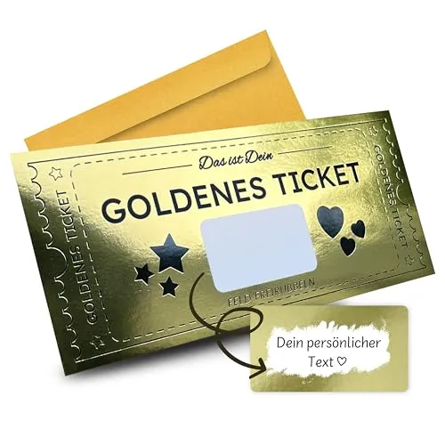 PARUSIA Goldenes Ticket mit Rubbelfeld für persönliche Botschaft (Gutschein) inkl. Umschlag, als Geburtstagskarte, Geschenkgutschein, Muttertagsgeschenk, Geschenke für Frauen, Männer, Mama, Freundin