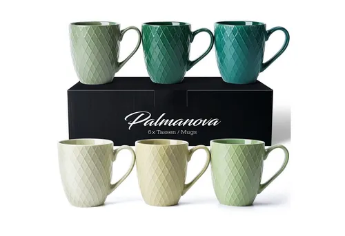 MiaMio Kaffeetassen Set 6 x 400 ml - Modernes Design in Grün - Cappuccinotassen Set aus hochwertiger Keramik, ideal für Kaffee, Tee und mehr. Das moderne Jungle-Design bringt frischen Wind in deinen Haushalt.