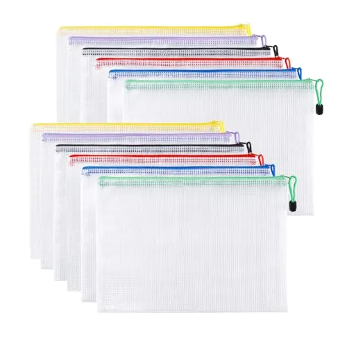 Carehabi 12 Pcs Dokumententasche mit Reißverschluss A4, Wasserdichte Document Case, Mesh Beutel mit Reißverschluss, Datei Zipper Tasche Mesh Kunststoff Reißverschlusstasche für Dokumente, Kosmetika, R