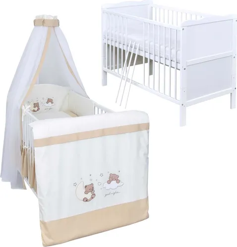 Baby-Delux Babybett Komplettbett Jack 140x70 Weiß Kiefernholz inkl. 10-tlg Set - Robustes Babybett aus Kiefernholz mit 3 herausnehmbaren Schlupfsprossen für einfaches Ein- und Aussteigen. Inklusive Matratze, Bettwäsche und Beißschienen – ideal für einen gemütlichen Schlaf.