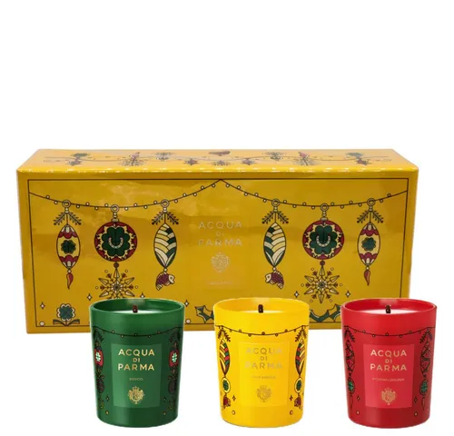 Acqua di Parma Duftkerze Candle Trio Limited Edition 3x70 g - Luxuriöses Kerzentrio in festlicher Geschenkbox, ideal für die Weihnachtszeit. Erleben Sie die zauberhaften Düfte von Bosco, Neve Fresca und Portafortuna und schaffen Sie ein einladendes Ambiente.