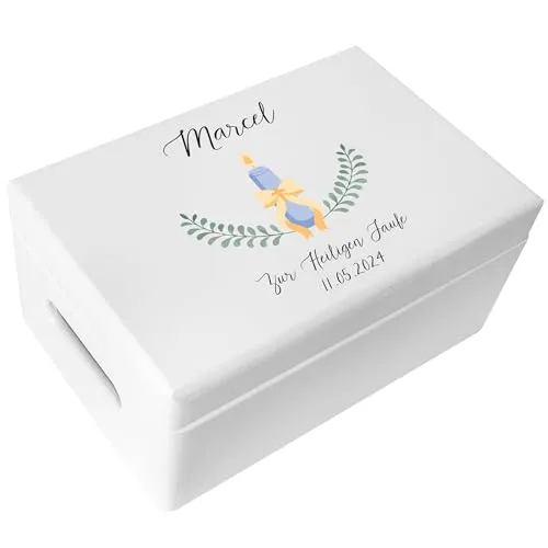 Creative Deco Weiß Personalisiert zur Taufe | Individuelle Holzbox für Geschenke - Personalisierbare Holzbox zur Aufbewahrung von Taufgeschenken und Erinnerungen. Wählen Sie bis zu 3 Textfelder für Namen und Daten. Hochwertige, zertifizierte Verarbeitung – ideal für besondere Anlässe!