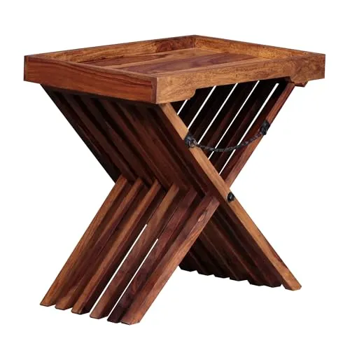 FINEBUY Tabletttisch SuVa3511_1 - Massivholz Sofatisch mit abnehmbarem Tablett - Tabletttisch aus hochwertigem Akazienmassivholz, handgefertigt und einzigartig. Praktisches abnehmbares Tablett für flexibles Servieren, ideal für gemütliche Abende.