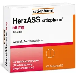 HerzASS-ratiopharm 50mg - Arzneimittel zur Behandlung von Herzinfarkt und Angina pectoris, verbessert die Blutzirkulation durch Hemmung der Thrombozytenaggregation.