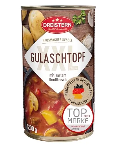 DREISTERN Gulaschsuppe 1200g I Mit Rindfleisch & Gemüse I XXL Herzhafter Eintopf in recyclebarer Konservendose I Lange Haltbarkeit dank natürlicher Konservierung I Hausmacher Qualität