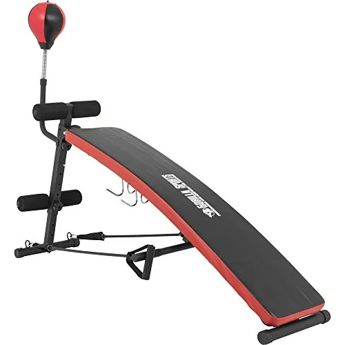 GORILLA SPORTS Bauchmuskelmaschine Sit Up Bank Multifunktion - Bauchmuskelmaschine mit 7-facher Verstellbarkeit und klappbarem Design, inklusive Punchingball für intensives Training und zwei Zugseilen für zusätzlichen Muskelaufbau.