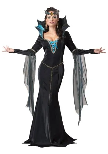 California Costumes Evil Sorceress Witch/Wizard Costume, Large - Kostüm-Outfit für Erwachsene, figurbetontes schwarzes Kleid mit tiefem V-Ausschnitt und schimmernden blauen Gardinen an den Ärmeln für einen magischen Auftritt.