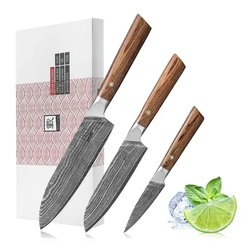 zayiko Kasshoku 3er Damastmesser-Set | Premium Küchenmesser aus 67 Lagen Damaststahl - Küchenmesser-Set mit 3 Klingenlängen (9-18 cm), gefertigt aus hochwertigem Damaststahl für herausragende Schärfe und Langlebigkeit. Ergonomische Pakkaholzgriffe sorgen für optimalen Komfort.