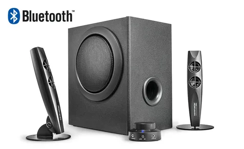 Wavemaster STAX 2.1 BT Lautsprecher System - PC-Lautsprecher mit 46 Watt Leistung und Bluetooth, ideal für TV, Smartphone und PC, jetzt in eleganter Softblack-Optik. Genießen Sie kraftvollen Sound dank leistungsstarkem Holzsubwoofer!