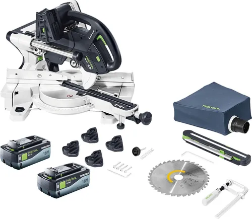 Festool KAPEX KSC 60 EB-Basic Akku Kapp Zugsäge 18 V / 36 V - Präzise Akku Kapp Zugsäge mit 216 mm Sägeblatt, ideal für vielseitige Schnittwinkel und saubere Arbeitsumgebung dank Staubfangbeutel. Inklusive 2x 8,0 Ah Akkus für maximale Flexibilität.