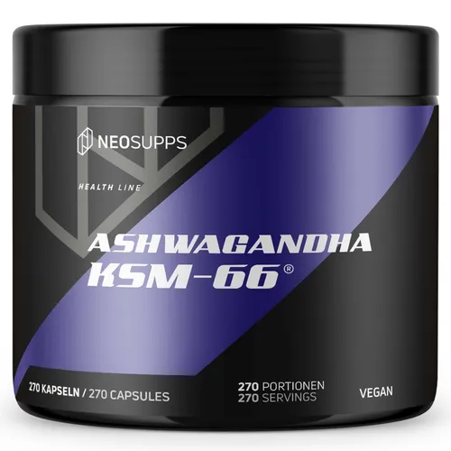 Neosupps Ashwagandha KSM-66, 100% Wurzelextrakt, 270 Kapseln - Hochwertiger Wurzelextrakt mit 5% Withanoliden. Unterstützt die mentale Klarheit und Energie. Ideal für den täglichen Gebrauch, vegan und mit geprüfter Qualität.