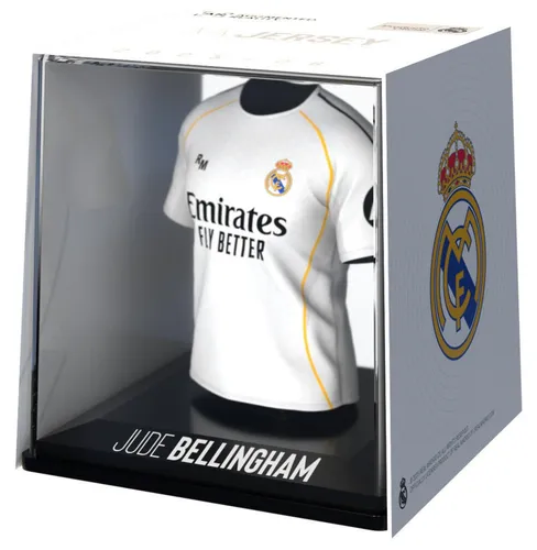 Real Madrid Bellingham Mini-T-Shirt-Figur - Detailreiche Miniaturfigur von Jude Bellingham im Real Madrid Trikot. Ideal für Sammler und Fußballfans, ca. 10 cm hoch – perfekt für jedes Regal oder als Geschenk für Fußballbegeisterte.