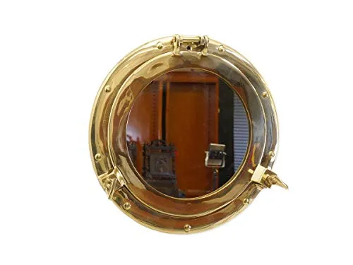 Antike Fundgrube Runder Spiegel Wandspiegel Bullauge mit goldenen Messingrahmen D: 28,5 cm (9656)