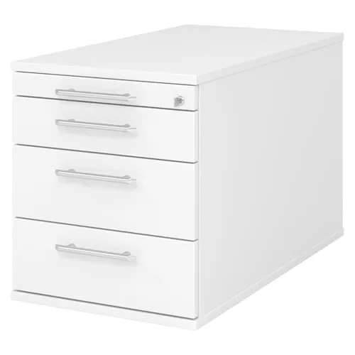 bümö Rollcontainer mit Schubladen - abschließbarer Bürocontainer in Weiß - Büro Aufbewahrung & Organisation mit robustem Korpus aus melaminharzbeschichtetem Holz, 4 Universalrollen für einfache Mobilität und 80% Auszug der Schubladen für optimalen Zugriff.