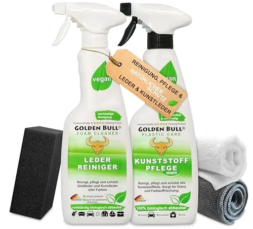 Golden Bull® Auto Reinigungsset Innenraum Leder & Kunststoff [NACHHALTIG & VEGAN] Lederreiniger 500ml, Kunststoffpflege 500ml, Schwamm, Microfasertuch und Baumwolltuch im Pflegeset Innen