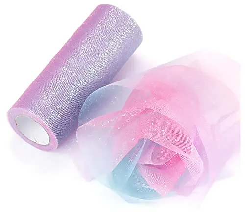 Misazy Tüllrolle Stoffband,Regenbogen Glitzer Tüll Rolle, 15 cm x 9,1 m, Regenbogen Tüllrolle Glitzer Tüll Stoffspule für Geschenkverpackung, Stuhl, Schleife, DIY, Nähen, Dekoration (Rot Blau Lila)