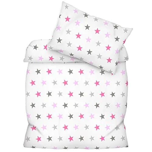 Amilian Bettwäsche Set 1x Bettbezug: 120 x 90 cm und 1x Kopfkissenbezug 40x60 cm mit Hotelverschluss Bettgarnitur 120x90 cm für Sommer und Winter Sternchen Groß Rosa
