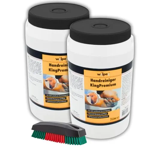 Wilpeg Handwaschpaste KingPremium 6 Liter inkl. Waschbürste - Handpflege mit pH-hautneutraler Formel, entfernt selbst hartnäckigste Verschmutzungen und pflegt die Haut durch Sheabutter und Orangenöl.